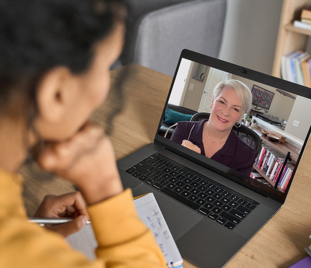 woman on a video call with Eli Manfield